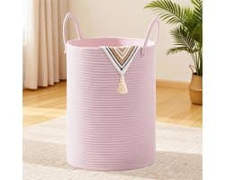 Wasmand, opbergmand, gevlochten mand, 72 l, grote ronde wasverzamelaar met katoenen handvat voor kinderkamer, mand voor dekens en speelgoed voor woonkamer of wasruimte, roze