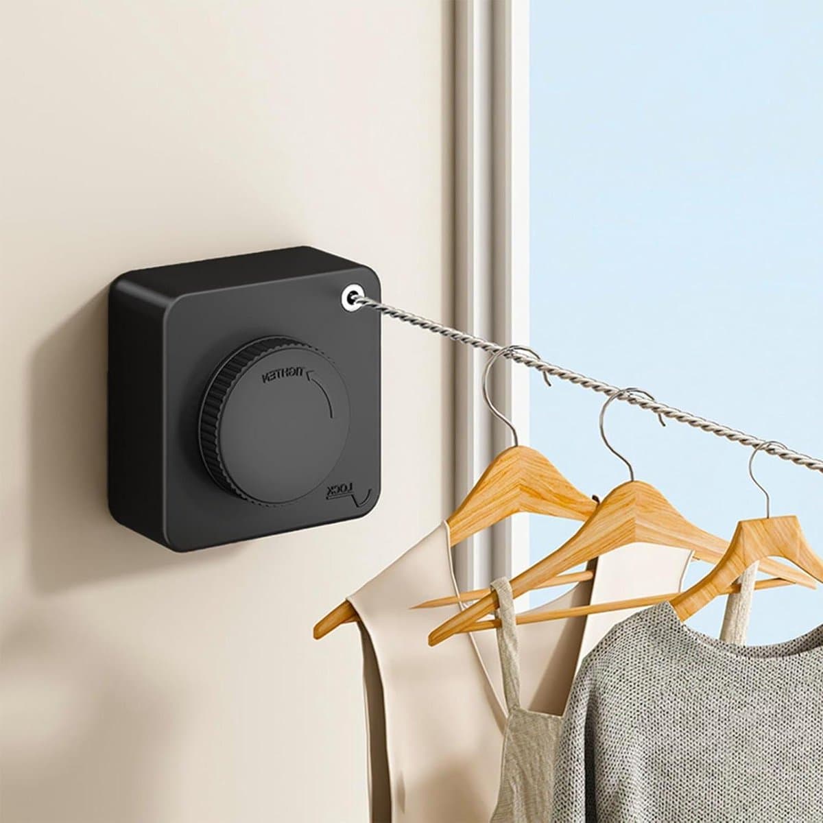 Intrekbare waslijn - Droogrek binnen - Was ophangen - Niet-doorhangend ontwerp - 48 meter - Zwart — afbeelding 1
