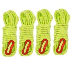 Set van 4 stevige kampeertouwen - 4 mm reflecterende heliumtouwen voor buiten met spanregelaar, sterke nylon touwen, geschikt voor tenten, klimrekken, luifels, kamperen, wandelen en backpacken.