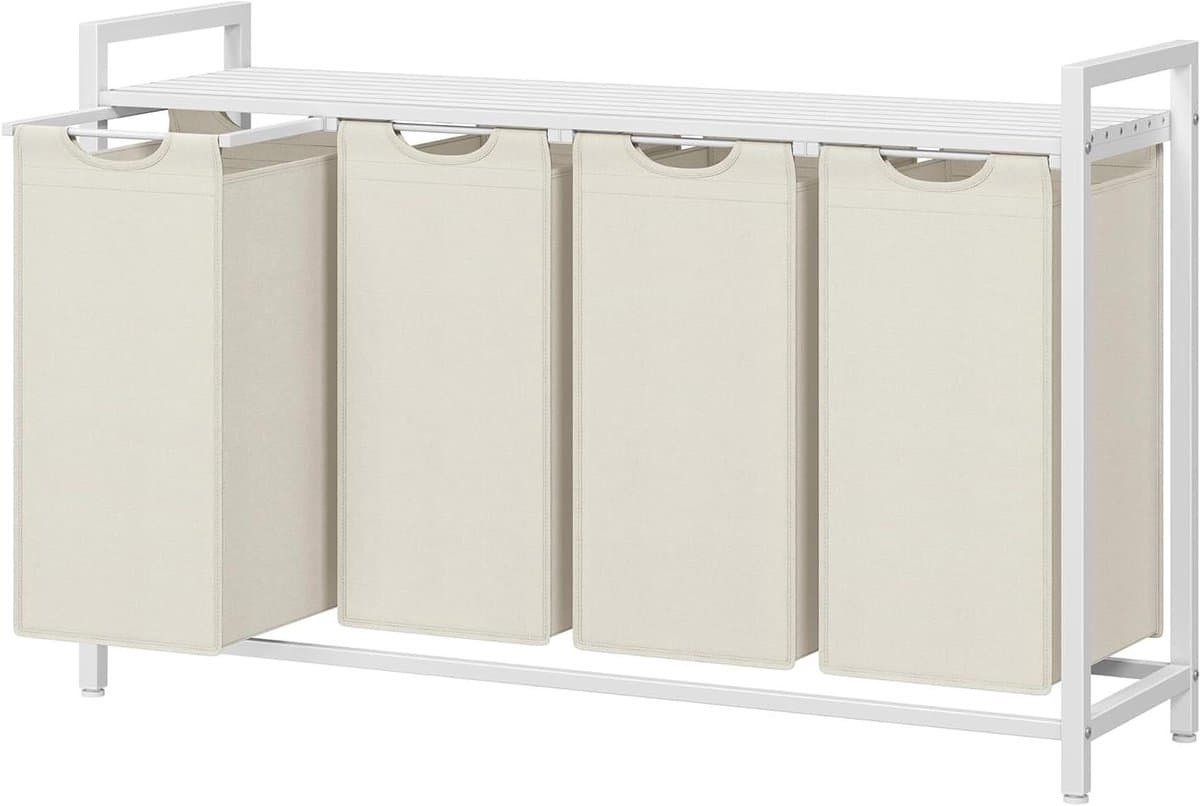 Wasmand Met Plank - Kledingopslag Sorteren - Was Sorteren - Vier Afneembare Zakken - 160 Liter Totaal - Crèmewit Mat — afbeelding 1
