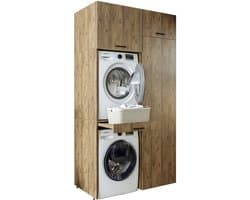 Roomart DUO-I Wasmachine Ombouwkast 127x240 cm - met Hoge Kast 60 en Uittrekblad - Eiken