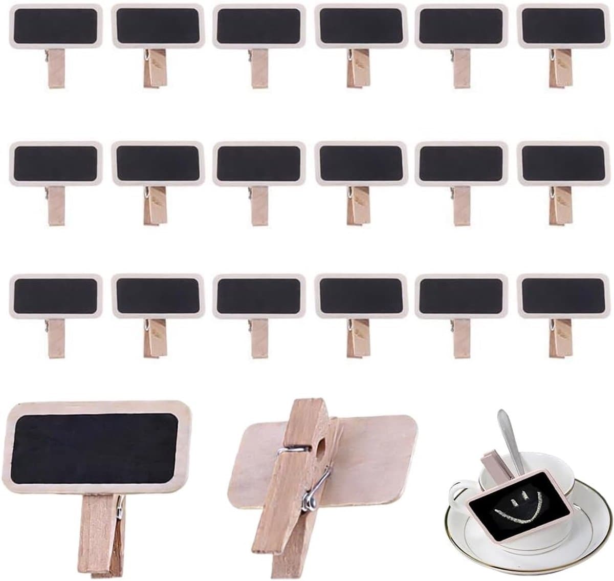 Set van 20 mini borden voor schrijven, houten knijpers met clip, krijtbordclips, kleine clips voor foto's, plantenstekers, memobord, voedsellabels en decoratie, multifunctionele kleine borden — afbeelding 1