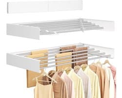 SONGMICS Wasrek wandmontage, wasdroger inklapbaar 6 stangen, wandwasdroger uittrekbaar, wanddroger, ruimtebesparend, boorsjabloon, voor binnen en buiten, 100 cm, mat wit LLR810WE01