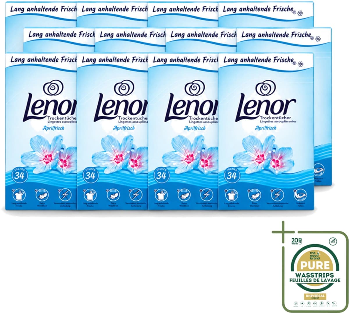 12 x Lenor - Droogtrommeldoekjes - Aprilfris - Textielverfrisser - 34 Doekjes - Wasstrips - Droogtrommeldoekjes - Wasdoekjes - Textielverfrisser - Frisheid - Statische Elektriciteit — afbeelding 1