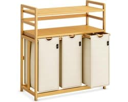 Wasmand 150L met 3 Vakken - Bamboe Wassorteerder met 3 Uitneembare Waszakken en 2 Opbergplanken - Uittrekbaar en Ademend - Voor Badkamer, Wasruimte en Slaapkamer - Beige