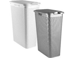 Plasticforte Wasmand met deksel - set van 2 - wit / zilver - 48 liter - 27 x 46 x 60 cm