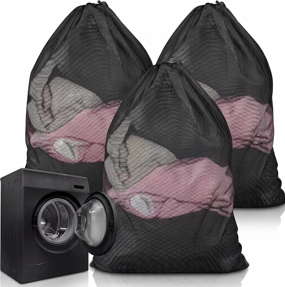 Waszakken met trekkoord, wasnet voor wasmachine voor ondergoed, beha, overhemd, kleding, beddengoed, pluche dieren (zwart, 70 x 90 cm) — afbeelding 1