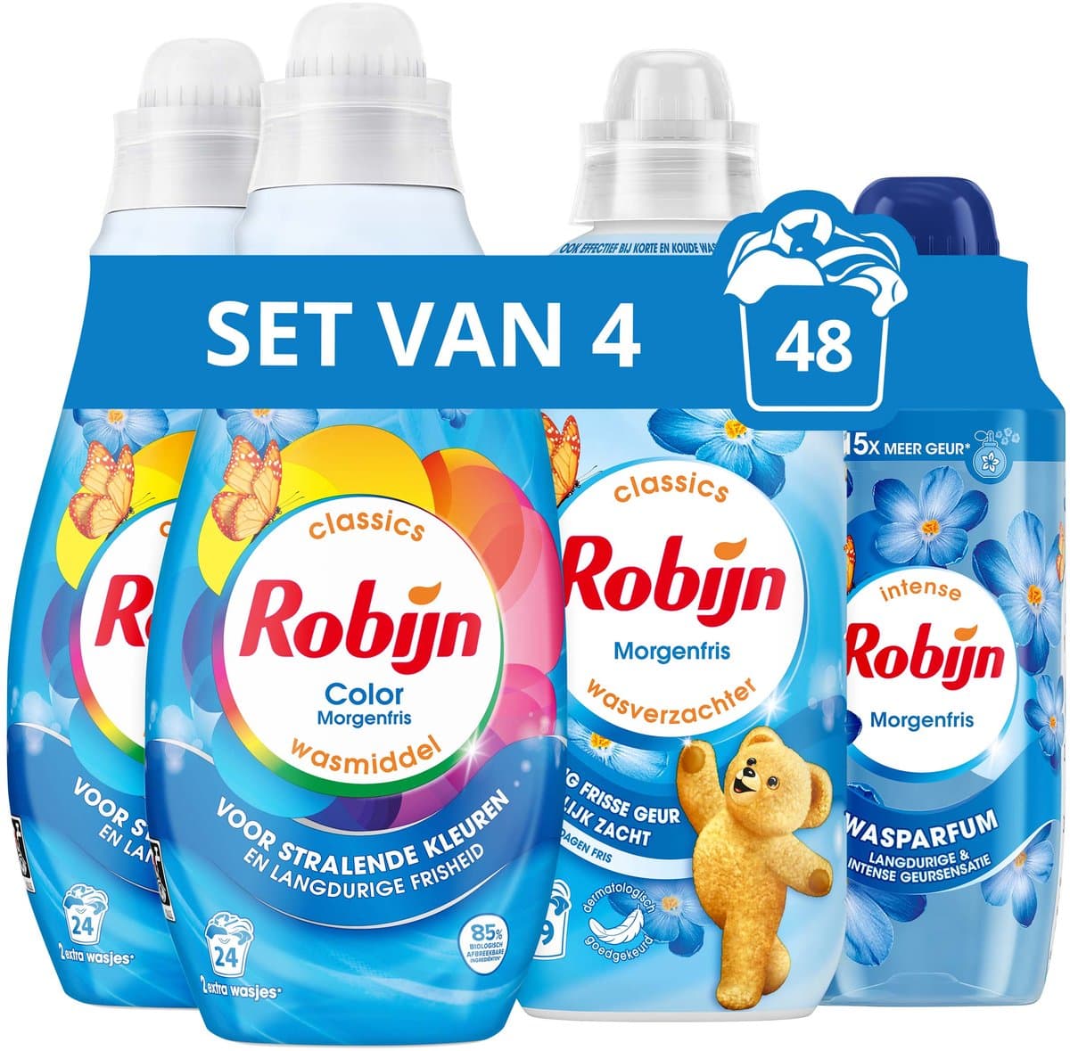 Robijn Perfecte Match - Morgenfris - 4 stuks - 2x wasmiddel + 1 wasverzachter + 1 wasparfum - Voordeelverpakking — afbeelding 1