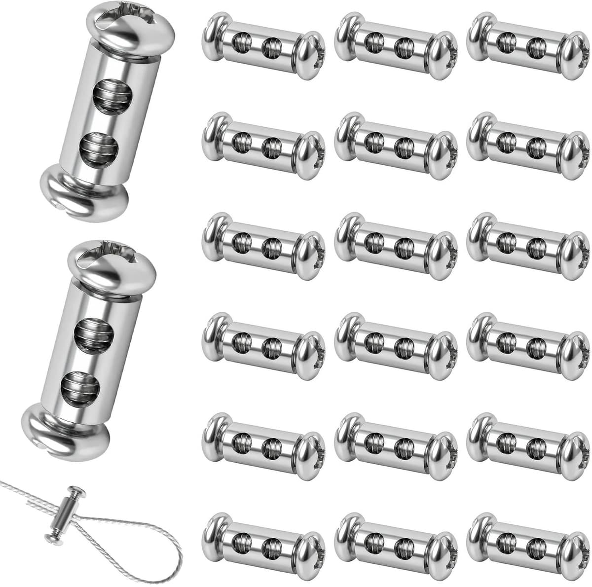 20 kabelbinders van roestvrij staal met kap voor 1-2 mm, dubbele uiteinden voor het bevestigen van waslijn, metalen kabel, spanner voor buitengordijnen — afbeelding 1
