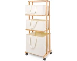 Wasmand 3-laags bamboe opbergplank met wielen verwijderbare opbergmand met handvat vrijstaande kledingmand organizer voor badkamer woonkamer slaapkamer (natuurlijk)