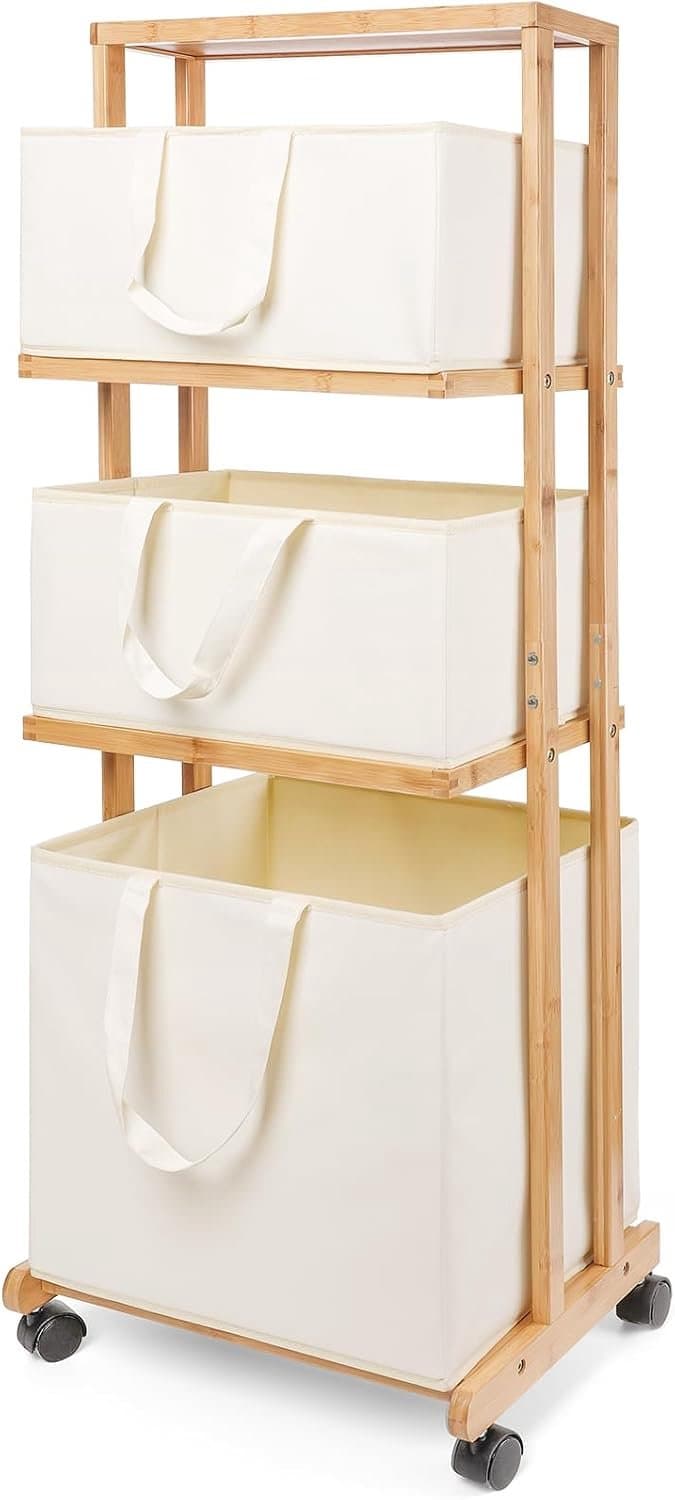 Wasmand 3-laags bamboe opbergplank met wielen verwijderbare opbergmand met handvat vrijstaande kledingmand organizer voor badkamer woonkamer slaapkamer (natuurlijk) — afbeelding 1