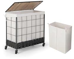 Wasmand met wieltjes en deksel - 130 l, 2 vakken, uitneembaar - Perfect voor badkamer en slaapkamer