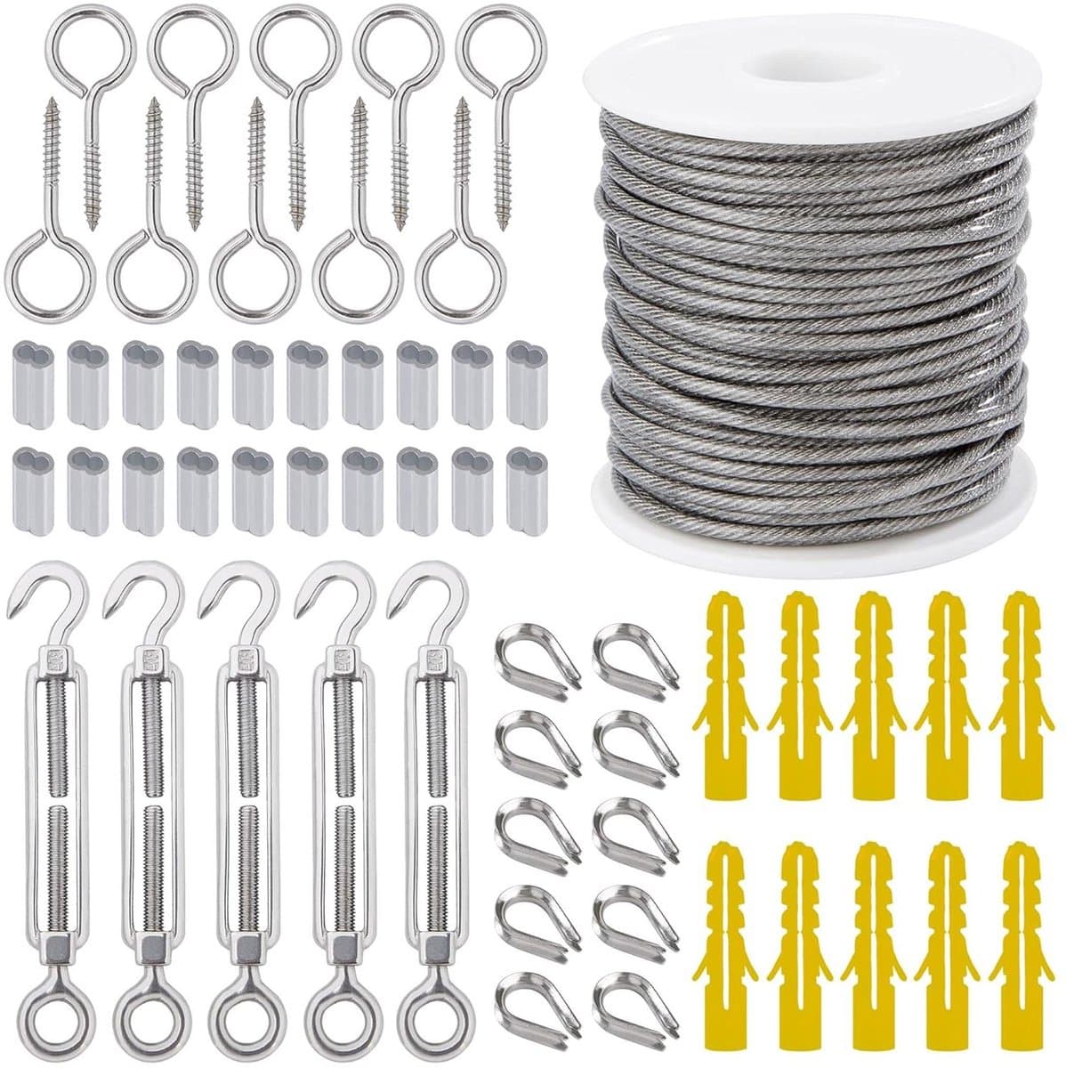 Roestvrij stalen draadkabel 30 m - 2 mm - met ogen - ommanteld - M5 kabelspanner - spanslot - draadkabelklem - suspensie - gordijntouw - waslijn — afbeelding 1