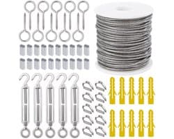 Roestvrij stalen draadkabel 30 m - 2 mm - met ogen - ommanteld - M5 kabelspanner - spanslot - draadkabelklem - suspensie - gordijntouw - waslijn