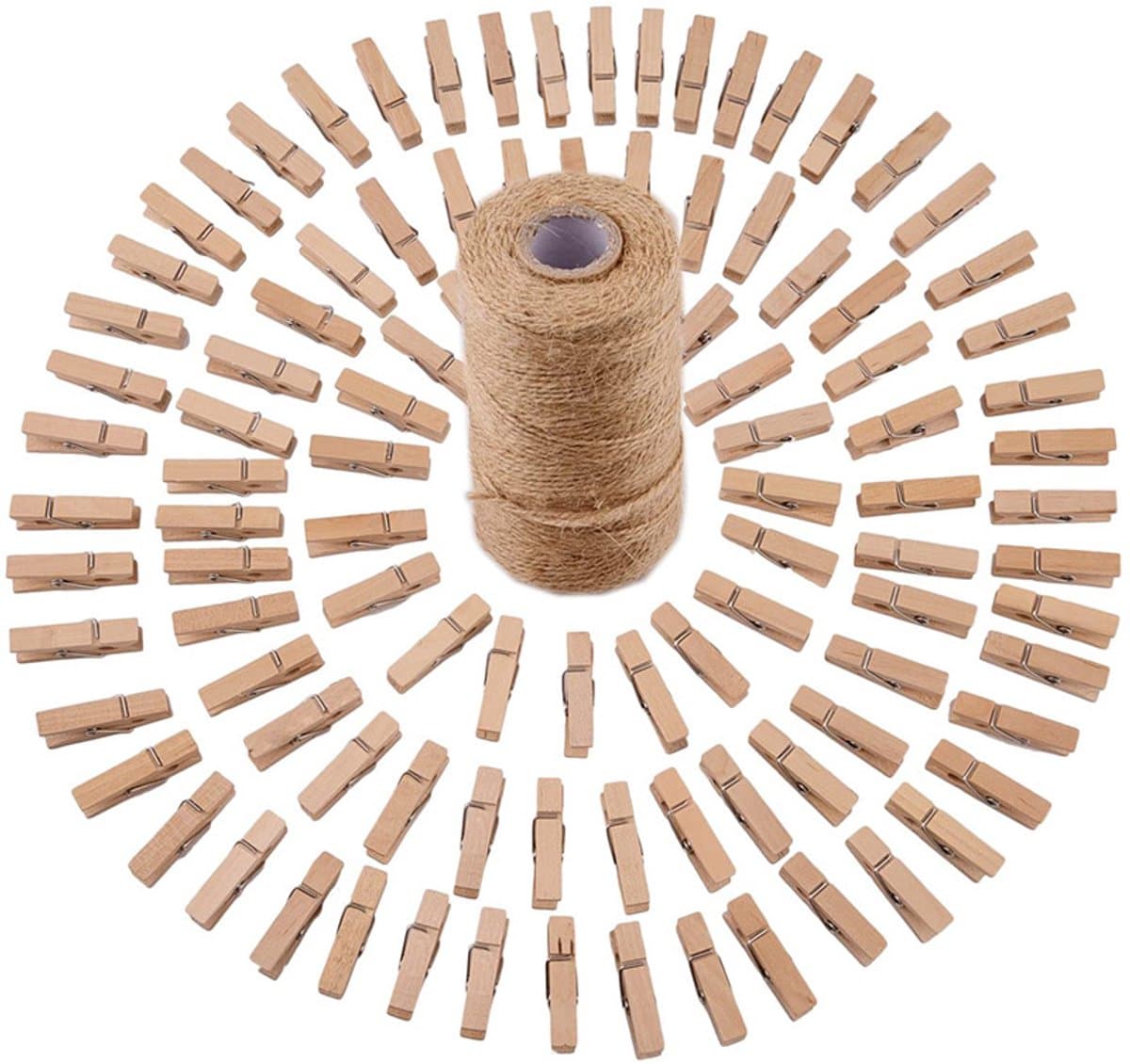Knijpertjes - 100 stuks - Fotoknijpers - Wasknijper - Houten - Met 1 rol henneptouw (100m) - Decoratie Clips - Kaartknijpers - Mini knijpers - Knijper om foto's aan op te hangen - Fotohouder - 3.5×1cm — afbeelding 1