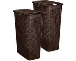 Plasticforte Smalle Wasmand met deksel Rotan - 2x - donkerbruin - gevlochten kunststof - 48 liter - 27 x 46 x 60 cm
