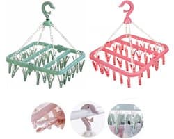 Sock Drying Rack 2PCS Clips Plastic 32 Peg Foldable Indoor Dryer Wind-proof Clothes Hanger Hanging for Socks Underwear Shoe Insoles Baby Clothes Gloves (PinkGreen)