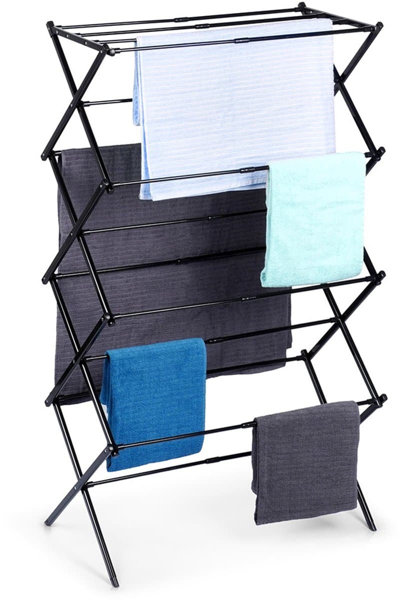 Droogrek Staand Metaal Zwart Verticaal Intrekbaar 43-75x37,5x139 cm - Droogtoren - Wasrek - Washanger — afbeelding 1