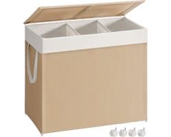 Wasmand - 140 L - 3 Compartimenten - Met Wielen - Naturel Beige - Mat Wit
