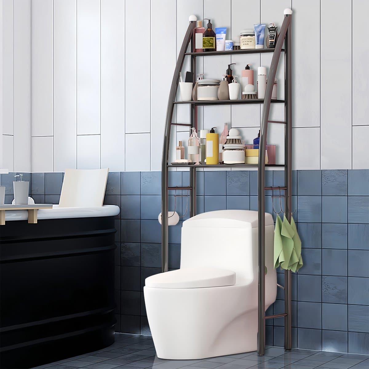 CHIWIN Badkamerrek zonder boren – 3-laags WC opbergrek met haken – Metalen toiletrek – Vrijstaand wasmachinerek – Ruimtebesparend badkamermeubel 166x50cm — afbeelding 1