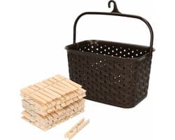 Wasknijpers mandje met ophanghaak - bruin - gevuld met 100x houten wasknijpers van 7 cm - was ophangen — afbeelding 1
