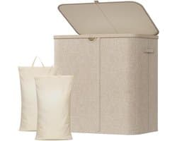 Wasmand 2 Vakken met Deksel, Grote Opvouwbare Wasmand met Uitneembare Zakken, Laundry Basket voor Badkamer, Slaapkamer en Wasruimte, 145L, Beige