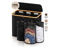Bellettini® Opvouwbare Wasmand met Deksel - 3 Compartimenten - 600D Oxford Materiaal Wassorteerder - 148 Liter - Zwart