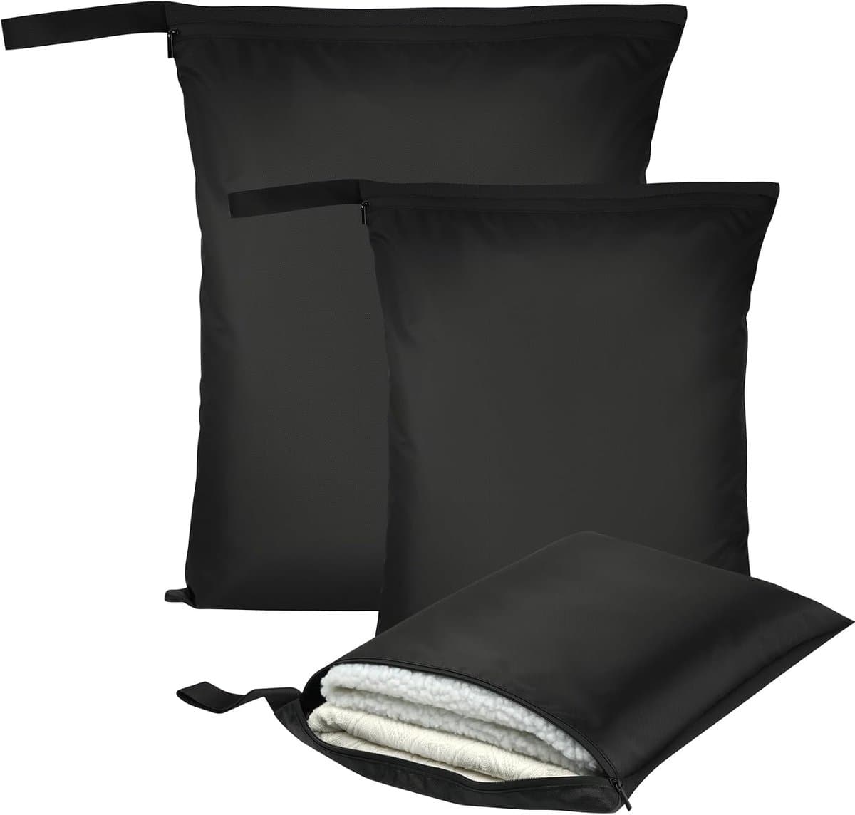 3 Stuks Natte Droge Zakken, Natte Dry Bag Waterdichte Reistas, Stoffen Luier Natte Zak met Handvat & Rits, Wasbare Reistas Organizer Yogatas voor Natte Zwemkleding, Sportschool, Strand (Zwart) — afbeelding 1