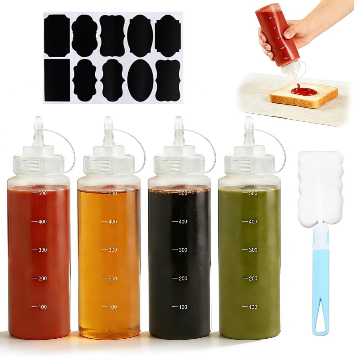Sausflessen Set - Transparant - 500 ml - Kunststof - Voor Specerijen en Sauzen — afbeelding 1