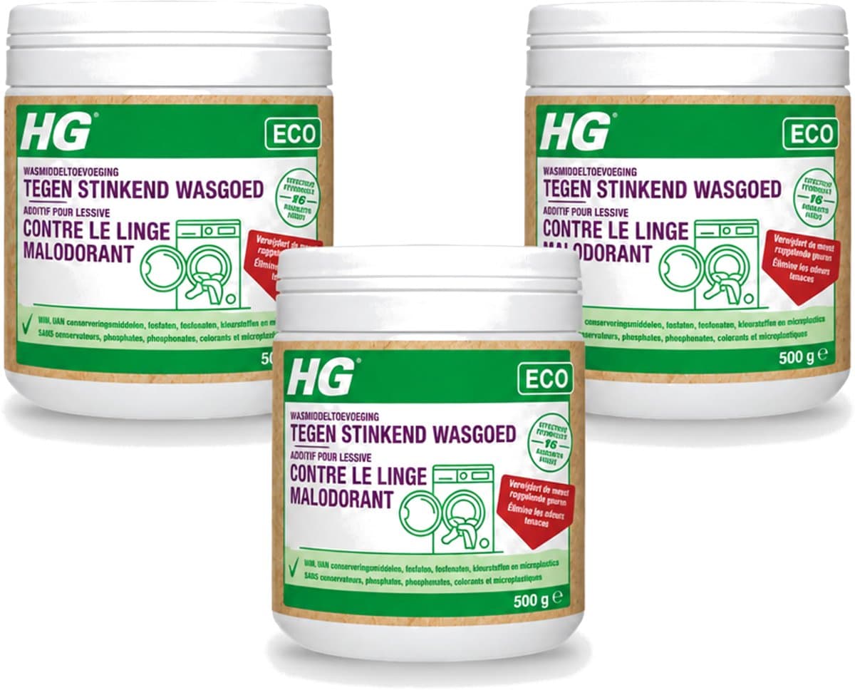 3 x HG ECO - Wasmiddeltoevoeging Tegen Stinkend Wasgoed - Effectieve Formule - 16 Wasbeurten - 500 g - Voordeelverpakking - 3 stuks — afbeelding 1