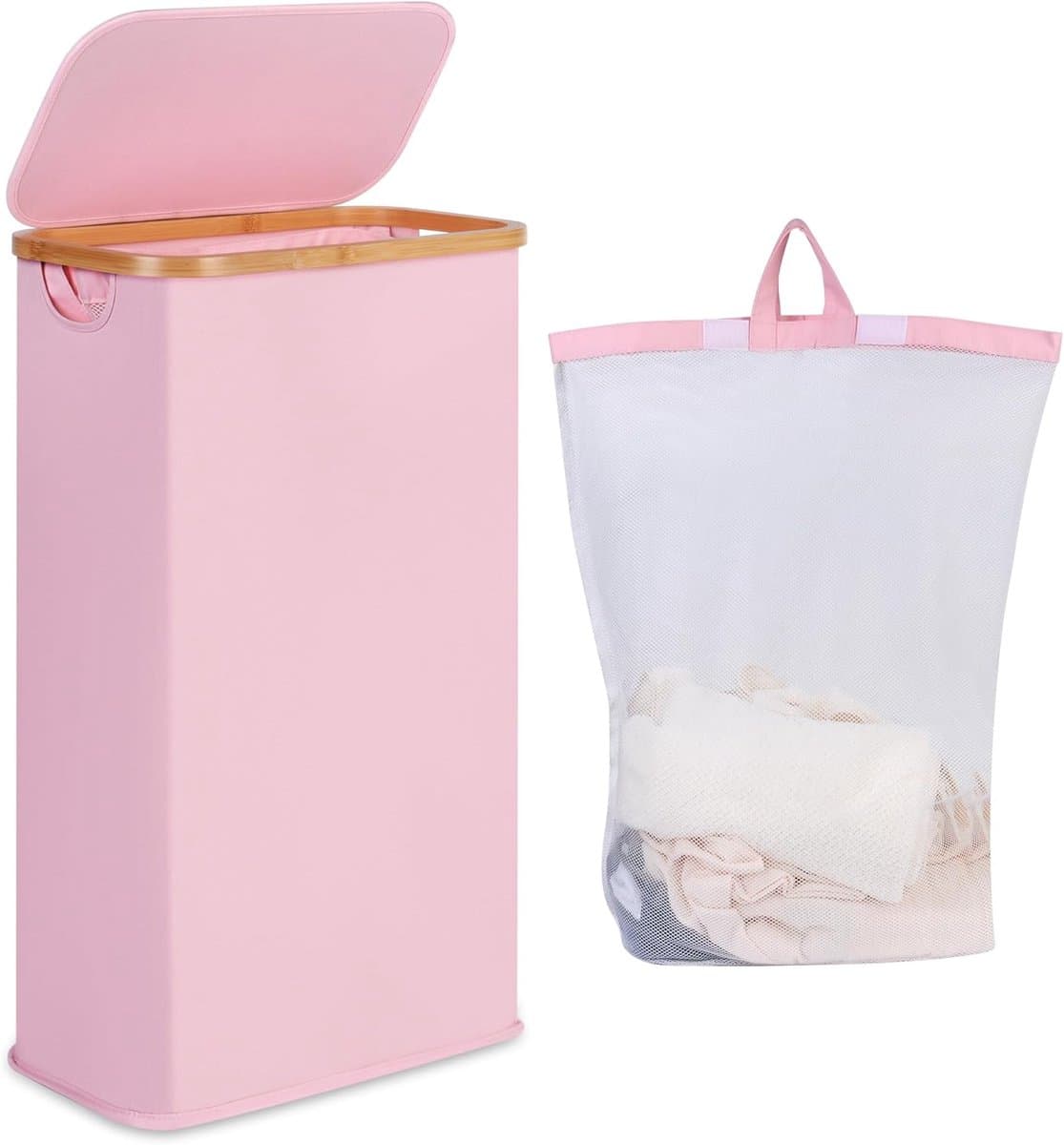 Smalle wasmand met deksel - opvouwbaar - 60 l - roze — afbeelding 1