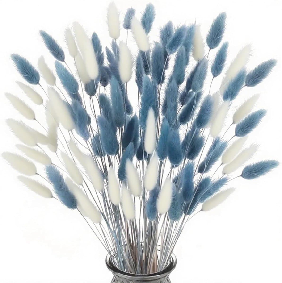 120 stuks droogbloemen, pampasgras, kunstpampasgras, decoratie, klein pampasgras, boho, hazenstaartgras voor woonkamer, decoratie, bloemen kunstmatig en bruiloft (wit en grijsblauw) — afbeelding 1