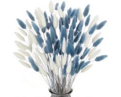 120 stuks droogbloemen, pampasgras, kunstpampasgras, decoratie, klein pampasgras, boho, hazenstaartgras voor woonkamer, decoratie, bloemen kunstmatig en bruiloft (wit en grijsblauw)