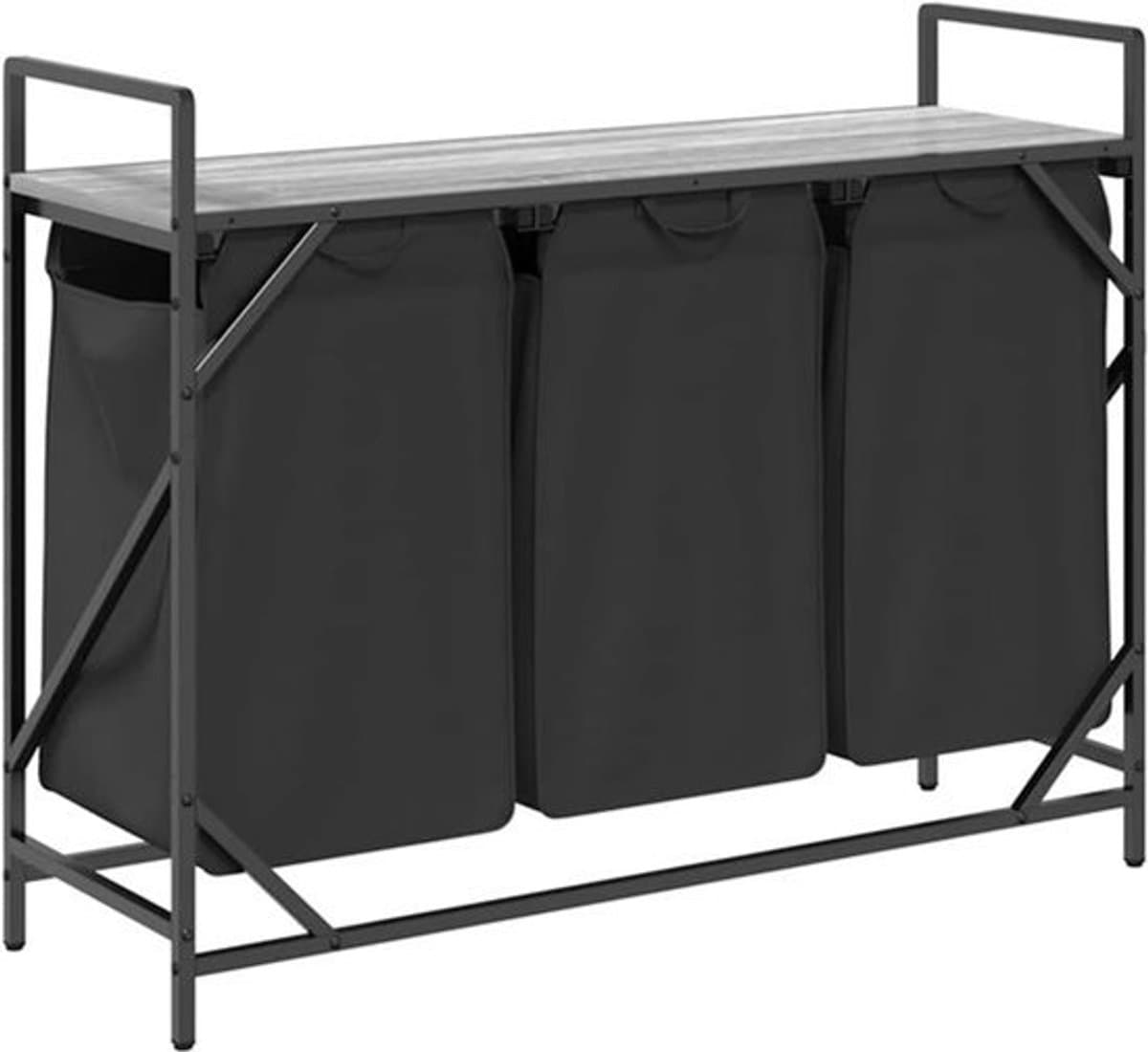 Wasmand – Wasbasket – Laundry Basket – Waston – Wasbak – Met 3 Vakjes – Bovenplank – Staal & Hout – Uitneembare Waszakken — afbeelding 1