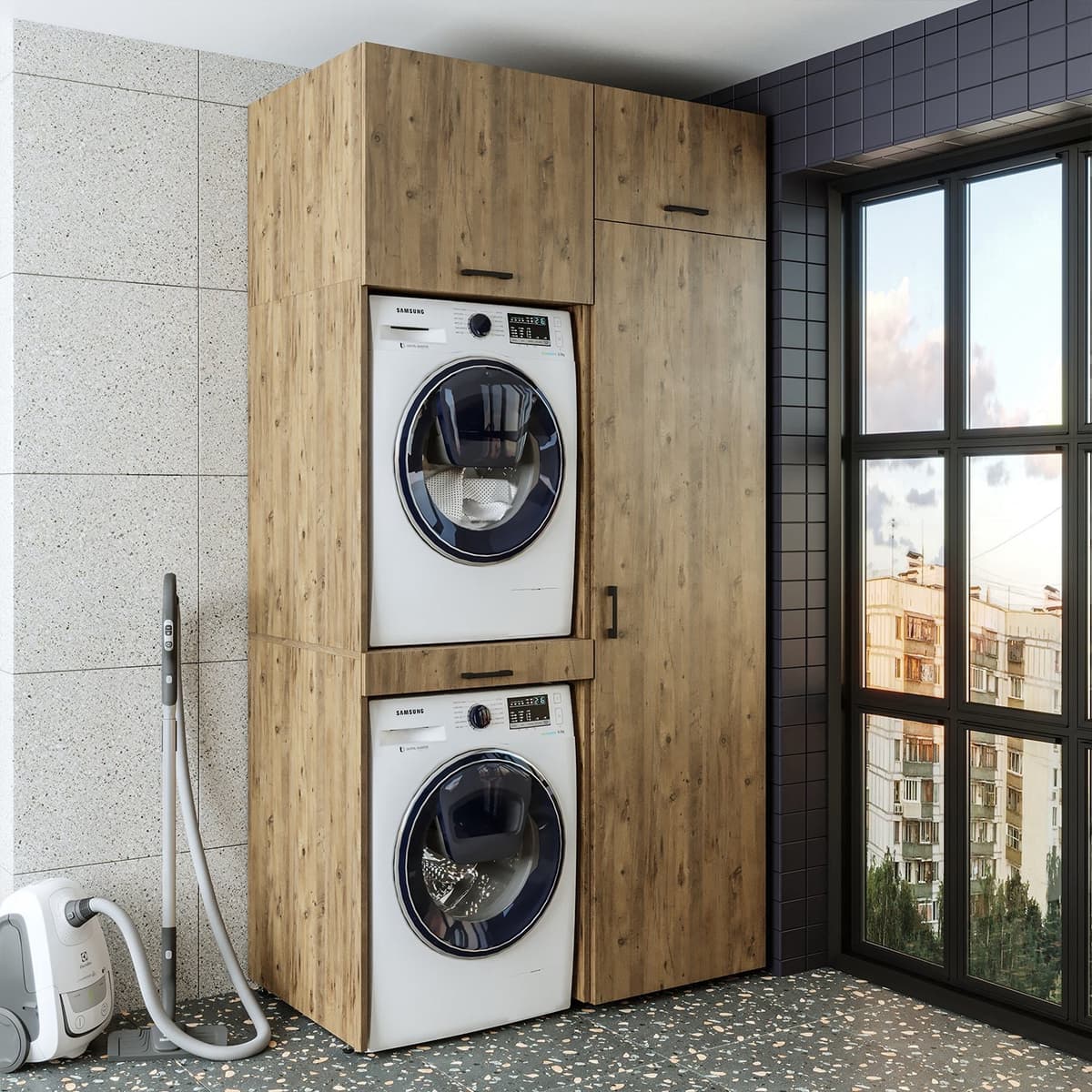 Roomart DUO-I Wasmachine Ombouwkast 127x240 cm - met Hoge Kast 60 en Uittrekblad - Eiken — afbeelding 1