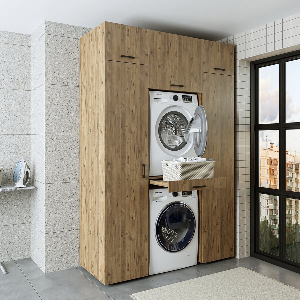 Roomart DUO-I Wasmachine Ombouwkast 157x240 cm - Kastenwand 2 Hoge Kasten 45, Uittrekblad - Eiken — afbeelding 1