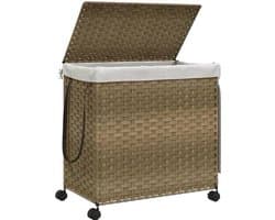 Wasmmand Rieten Wasmand Wasbak Wasmand Met Wielen – Handgeweven Riet – 4 Wielen Met Remmen – Afneembare Wasbare Binnenzak – Inklapbaar En Ruimtebesparend