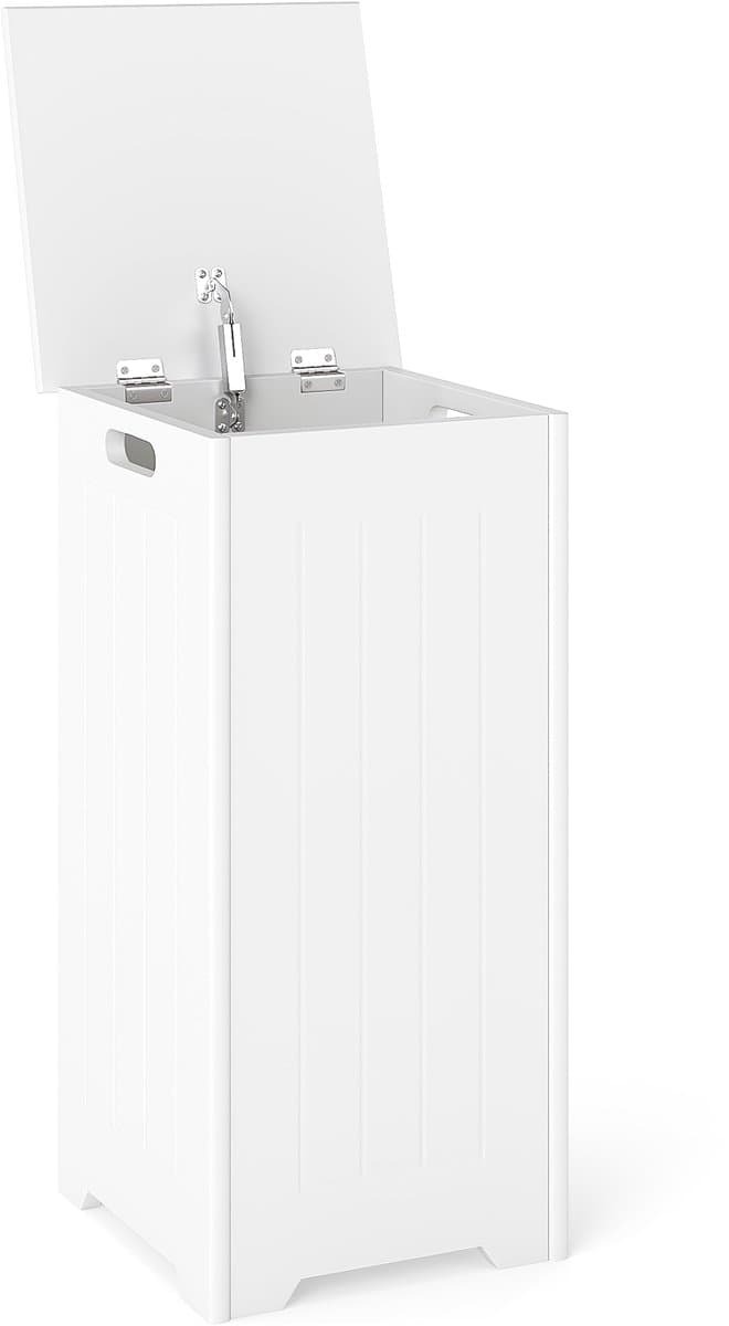 COSTWAY Wasmand vrijstaand, houten wasverzamelaar met deksel en tas, opbergkast badkamer, badkamerkast, wit — afbeelding 1