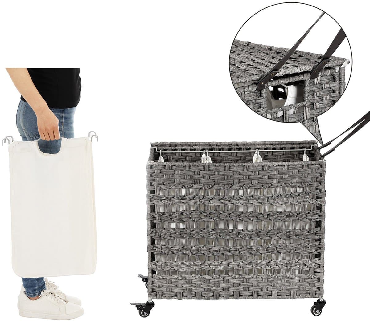 Luxe Handgeweven Wasmand met 3 Compartimenten – Grijs – Poly Rotan Wasmand met Deksel, Afneembare Waszakken & Metalen Frame – Grote Opvouwbare Wasmand 66x35x60,5 cm – Ideaal voor Slaapkamer, Badkamer & Wasruimte — afbeelding 1