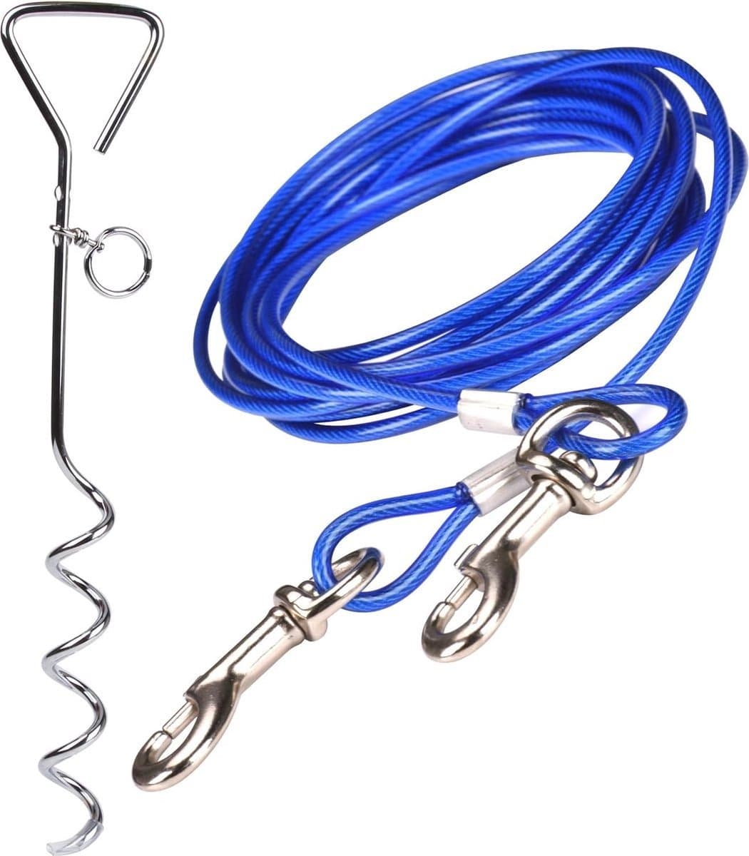 QPFO® Hondenketting met spiraal stake – RVS kabel 3m 5m 10m – 360 graden draaibaar – Voor tuin camping en buitengebruik — afbeelding 1