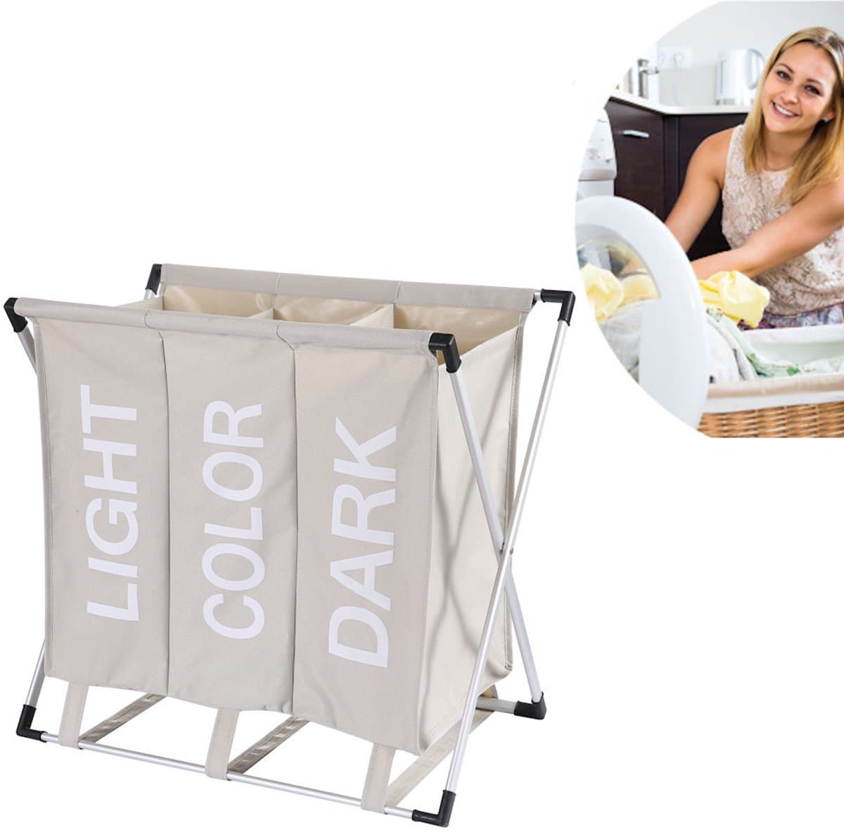 Wassorteerder - 90L - Wasmand 3 Vakken - Opvouwbare Wasmanden - Organizer - Wassorteerder 3 vaks - Alu Frame - Beige — afbeelding 1