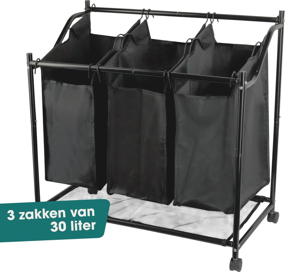 Wellewares - Wasmand 3 Vakken Uitneembaar - Wasbox 90 Liter - Wassorteerder op Wielen - Zwart — afbeelding 1