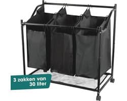 Wellewares - Wasmand 3 Vakken Uitneembaar - Wasbox 90 Liter - Wassorteerder op Wielen - Zwart