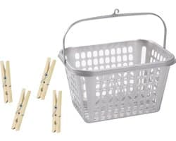 Wasknijper mandje/bakje - zilver - inclusief 48x wasknijpers - hout