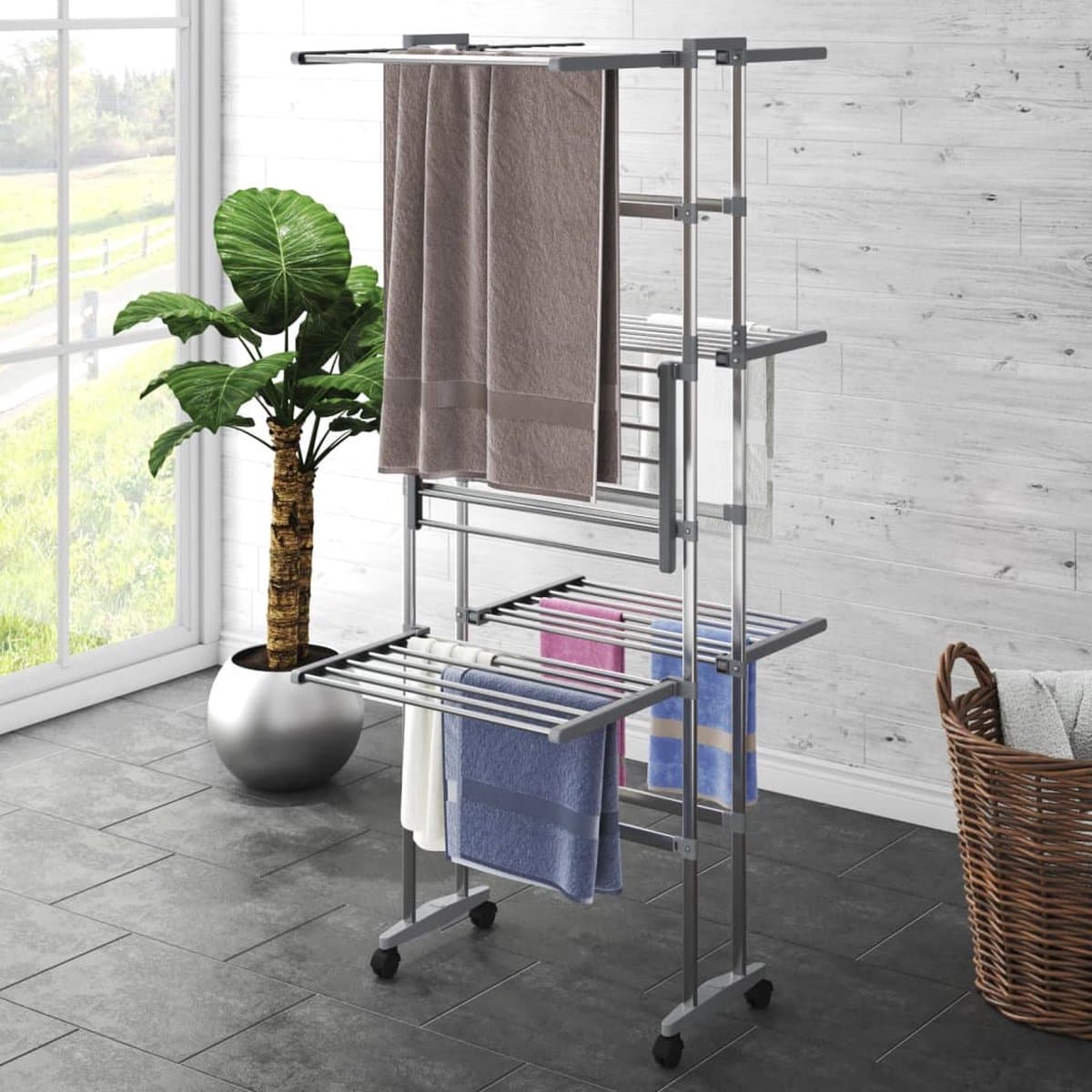 vidaXL - Droogrek - 3-laags - met - wieltjes - 60x70x129 - cm - zilverkleurig — afbeelding 1