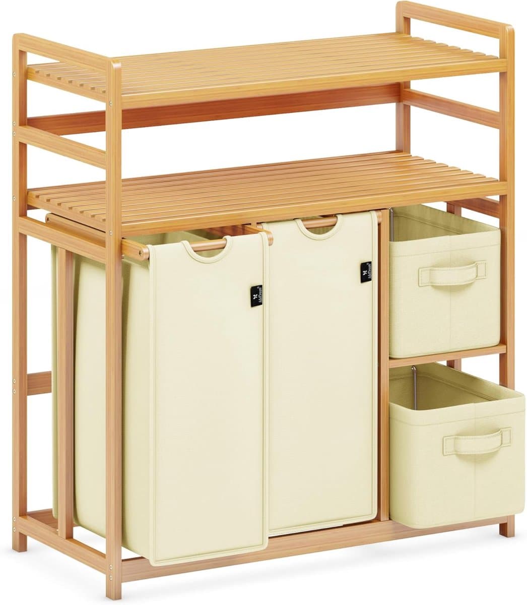 Wasmand Met Vakken - Kleding Sorteerder - Orde Scheppen - Dubbel Bamboe Planken - 140 Liter - Beige — afbeelding 1