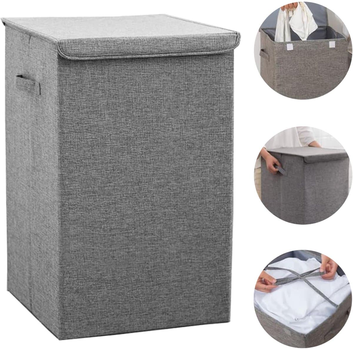 Wasmand met dubbel compartiment – 100 liter – Wasmand met deksel – Uitneembare waszak – Opvouwbare opbergmand – Kledingrek – Verdikt katoenlinnen – 40*40*63 cm – Grijs — afbeelding 1