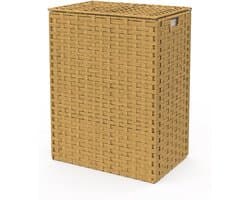 Wasmand Dubbel - Kledingmand Sorteren - Kleding Opbergen - Rotanlook Met Plank - 45x30x60 cm - Beige