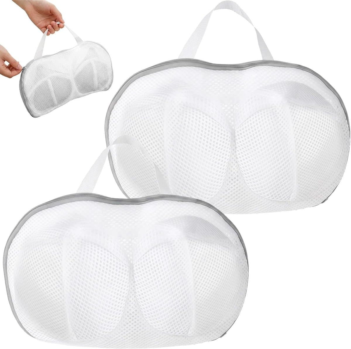 Set van 2 waszakken voor bh's - Opbergzakken voor bh's - Anti-vervormingsfilters voor het wassen van bh's - Wasnetzakken - Machinewasbaar - Waszakken met ritssluiting voor lingerie - Herbruikbaar - Grijs/Wit - 15*29 cm — afbeelding 1