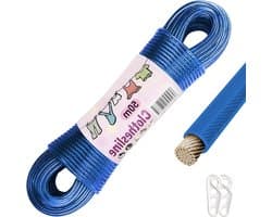 Waslijn met Stalen Kern - Kledinglijn Sterk Touw - Buiten Kleding Drogen - 150 kg Draagvermogen - 50 meter - Blauw